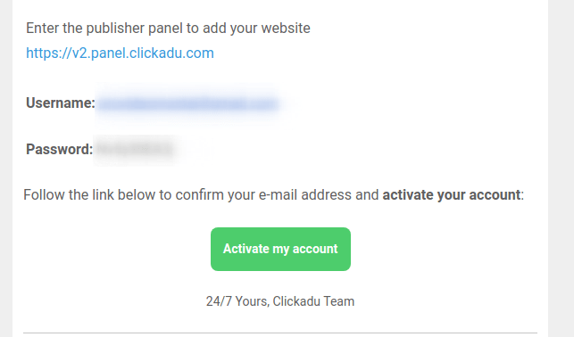 Активация аккаунта в Clickadu.com